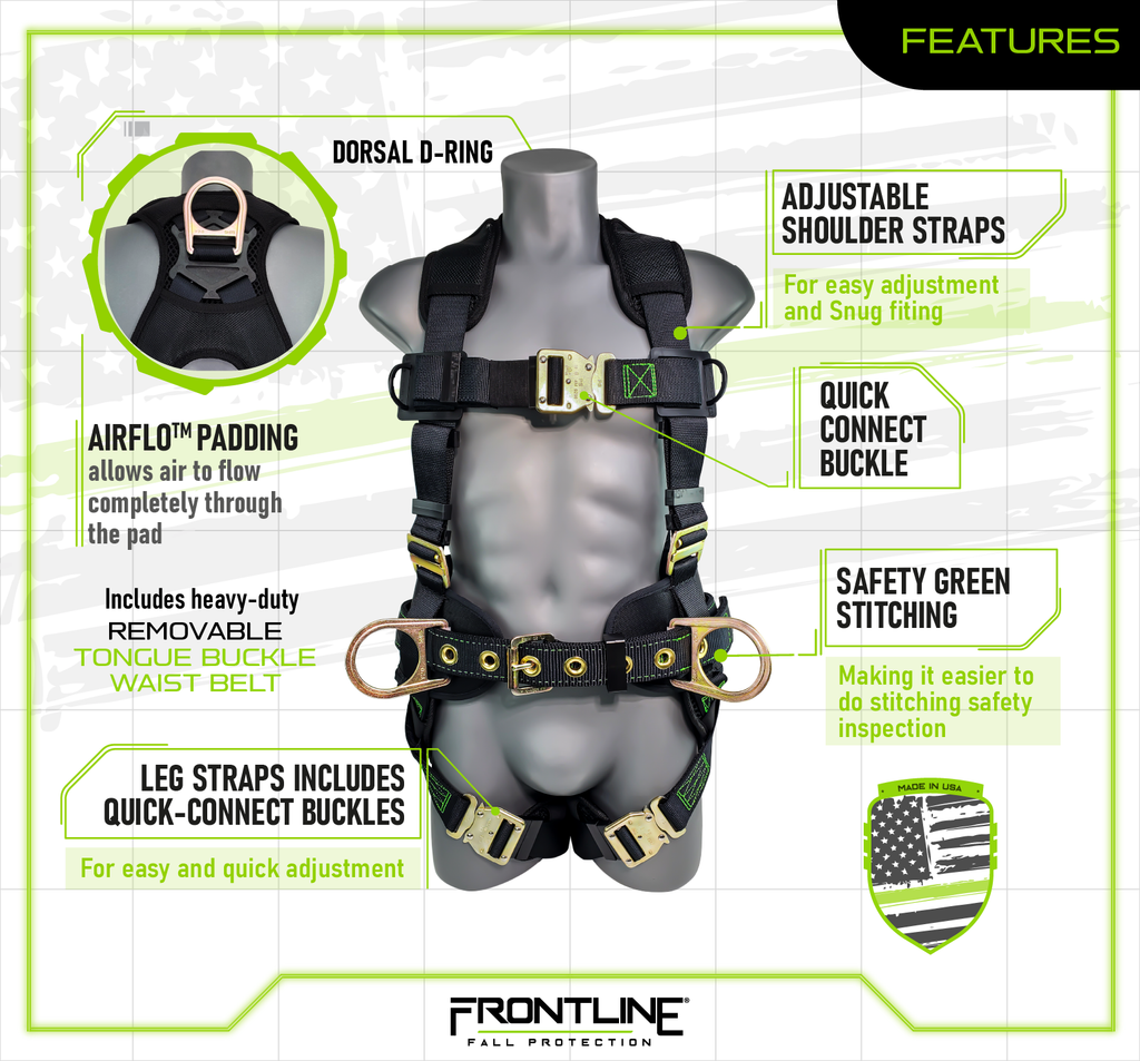 Frontline 350CQC Patriot™ Construction Harness with Airflo™ and Quick Connect Buckles - Made in USA