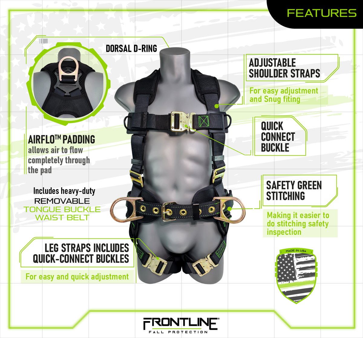 Frontline 350CQC Patriot™ Construction Harness with Airflo™ and Quick Connect Buckles - Made in USA