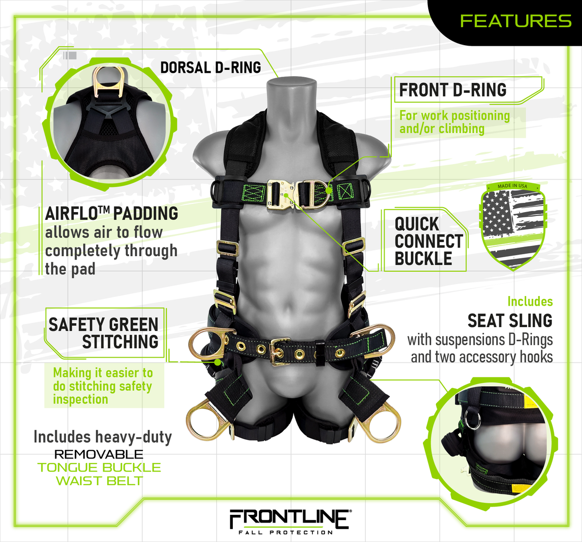 Frontline 350TWQC Patriot™ Tower Climbing Harness with Seat Sling, Airflo™ and Quick Connect Buckles - Made in USA