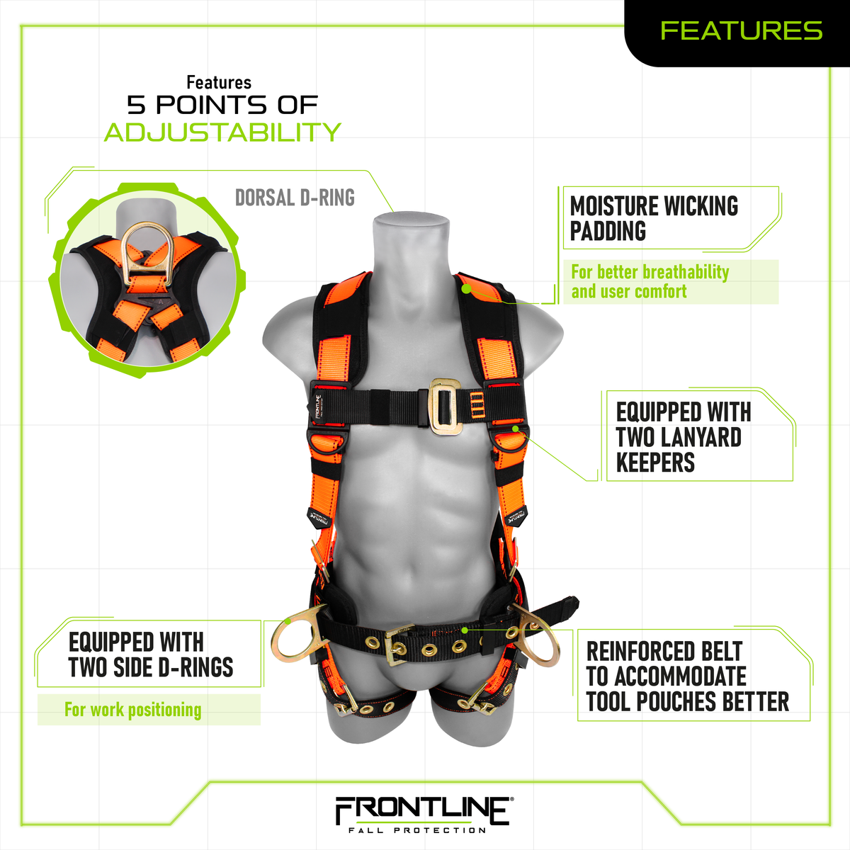 Frontline 50CTB Combat™ Construction Style Full Body Harness with Tongue Buckle Belt & Legs