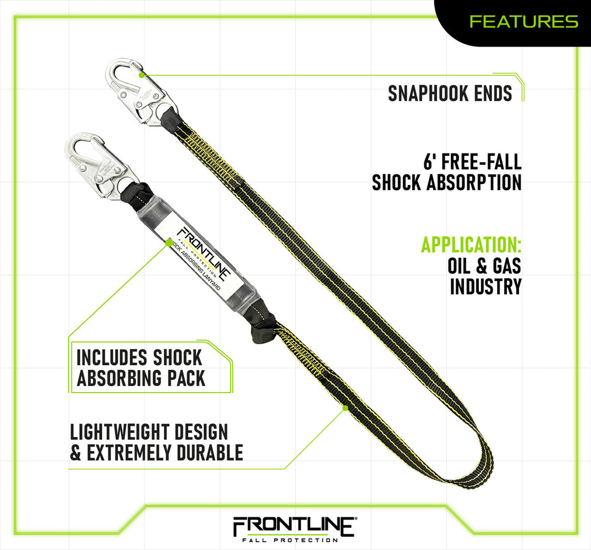 Frontline LIS61SDL Oil and Gas 6' Single Leg Lanyard with Snap Hooks