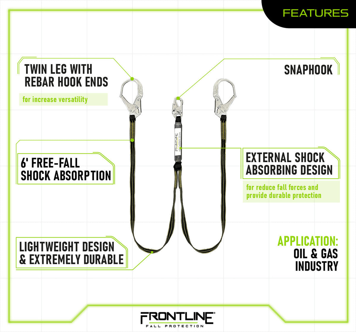 Frontline LIS62RDL Oil and Gas 6' Double Leg Lanyard with Rebar Hooks
