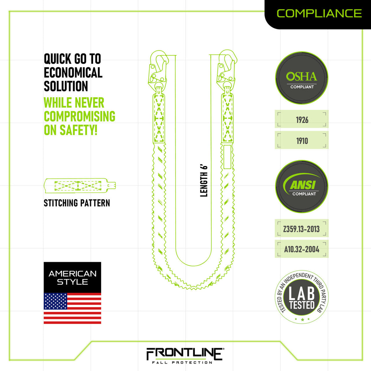 Frontline LIS61S-AM Combat™ American Style Single Leg 6' Snaphook Lanyard with Internal Shock Absorber