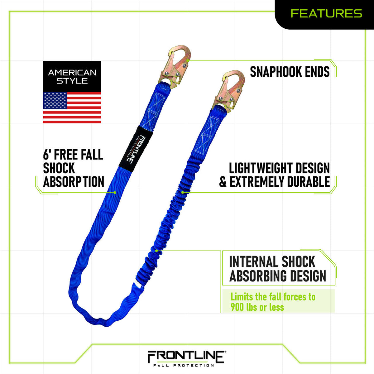 Frontline LIS61S-AM Combat™ American Style Single Leg 6' Snaphook Lanyard with Internal Shock Absorber