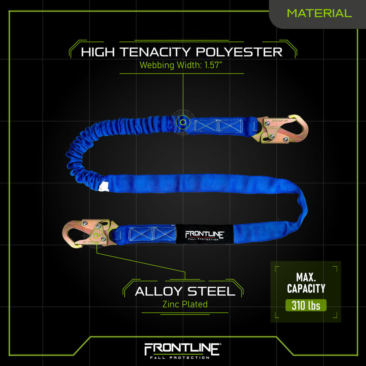 Frontline LIS61S-AM Combat™ American Style Single Leg 6' Snaphook Lanyard with Internal Shock Absorber