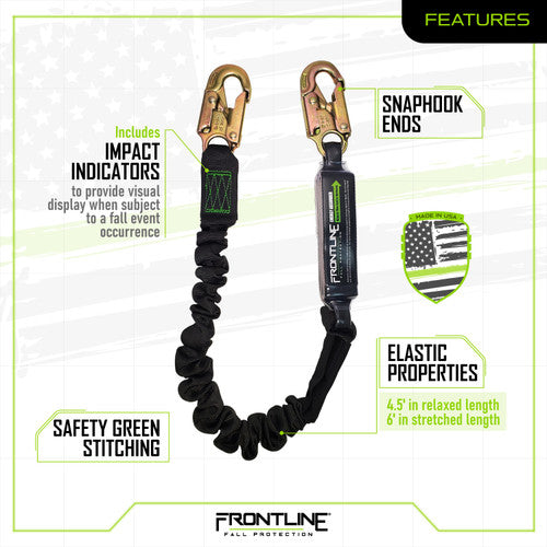 Frontline LES61S-US Patriot™ 6' Single Leg Elastic Lanyard with Snaphooks - Made in USA