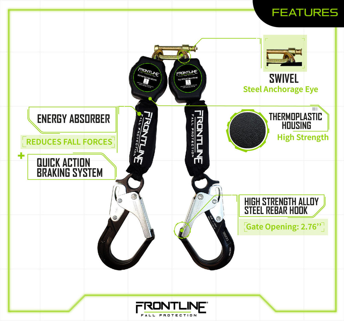Frontline RPA062RA Aramid Twin Fiber Web 6' SRL with Aluminum Rebar Hook Ends