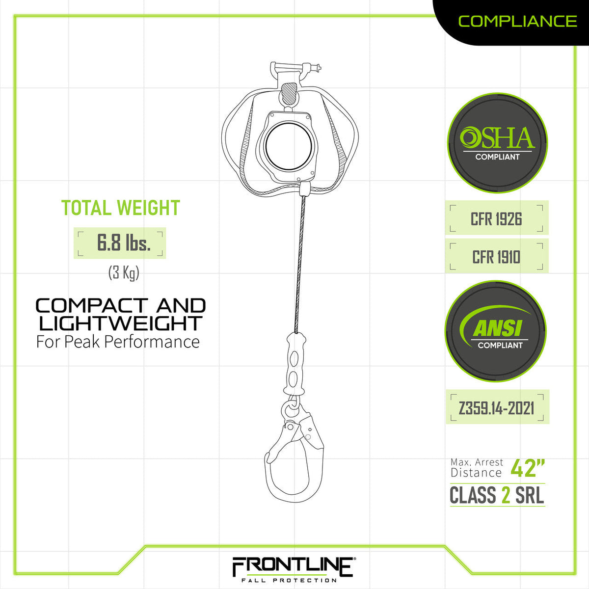 Frontline RPG081RLE Leading Edge Cable Single Leg 8' SRL with Steel Rebar Hook End