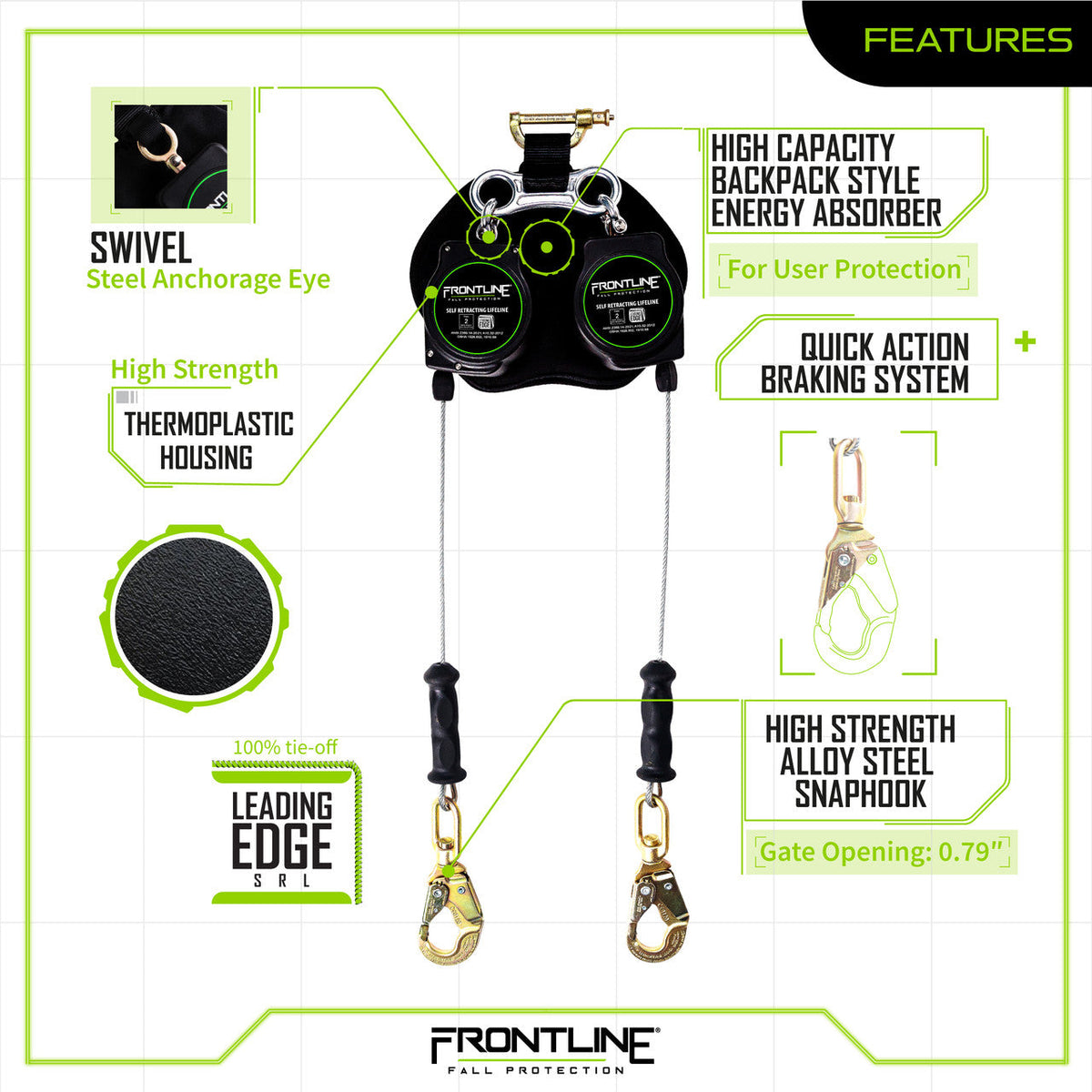 Frontline RPG082SLE Leading Edge Cable Twin Leg 8' SRL with Steel Snap Hook Ends