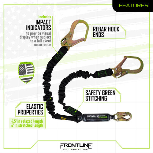 Frontline LES62R-US Patriot™ 6' Double Leg Elastic Lanyard with Rebar Hook Ends - Made in USA