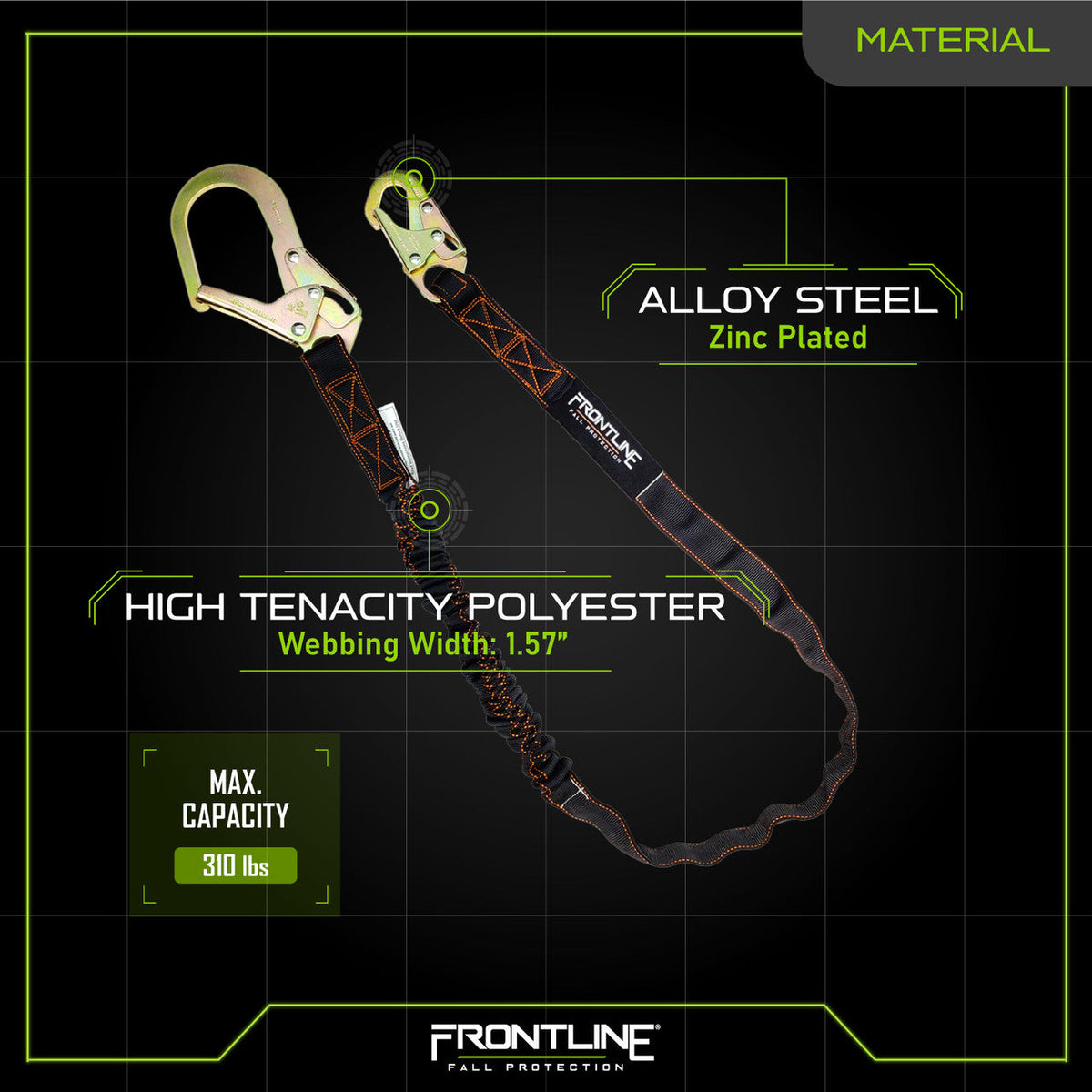 Frontline LIS61R Combat™ 6' Single Leg Rebar Hook End Lanyard with Internal Shock Absorber