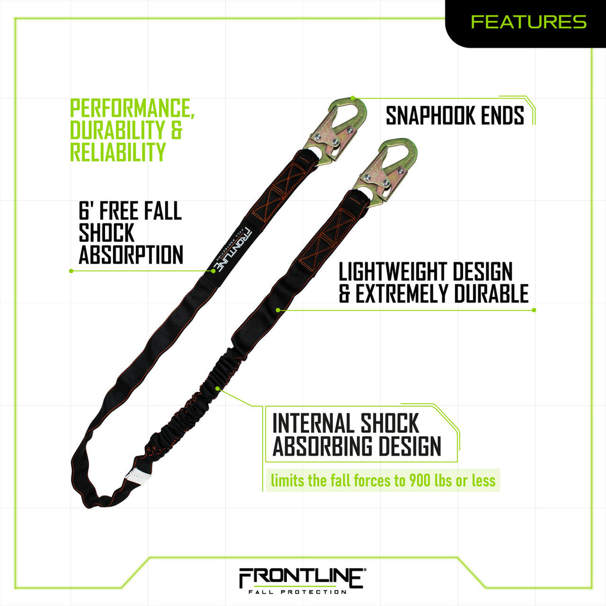 Frontline LIS61S Combat™ 6' Single Leg Snaphook Lanyard with Internal Shock Absorber