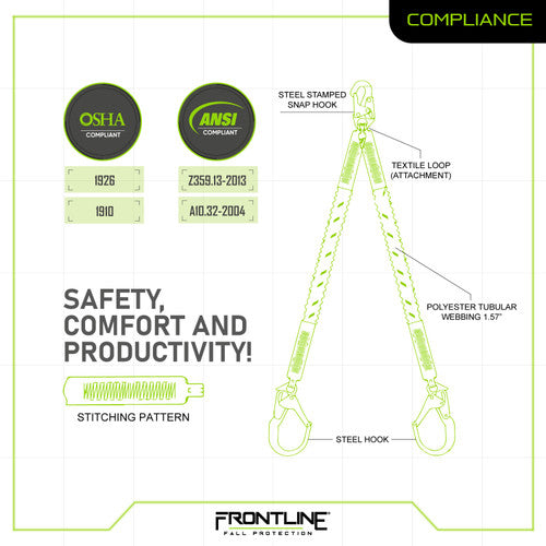 Frontline LIS62RA Elite Lite™ Elastic Twin Leg 6' Aluminum Rebar Hook Lanyard