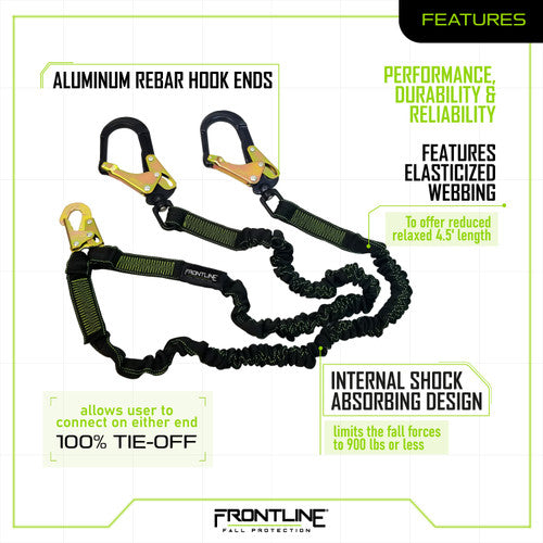 Frontline LIS62RA Elite Lite™ Elastic Twin Leg 6' Aluminum Rebar Hook Lanyard