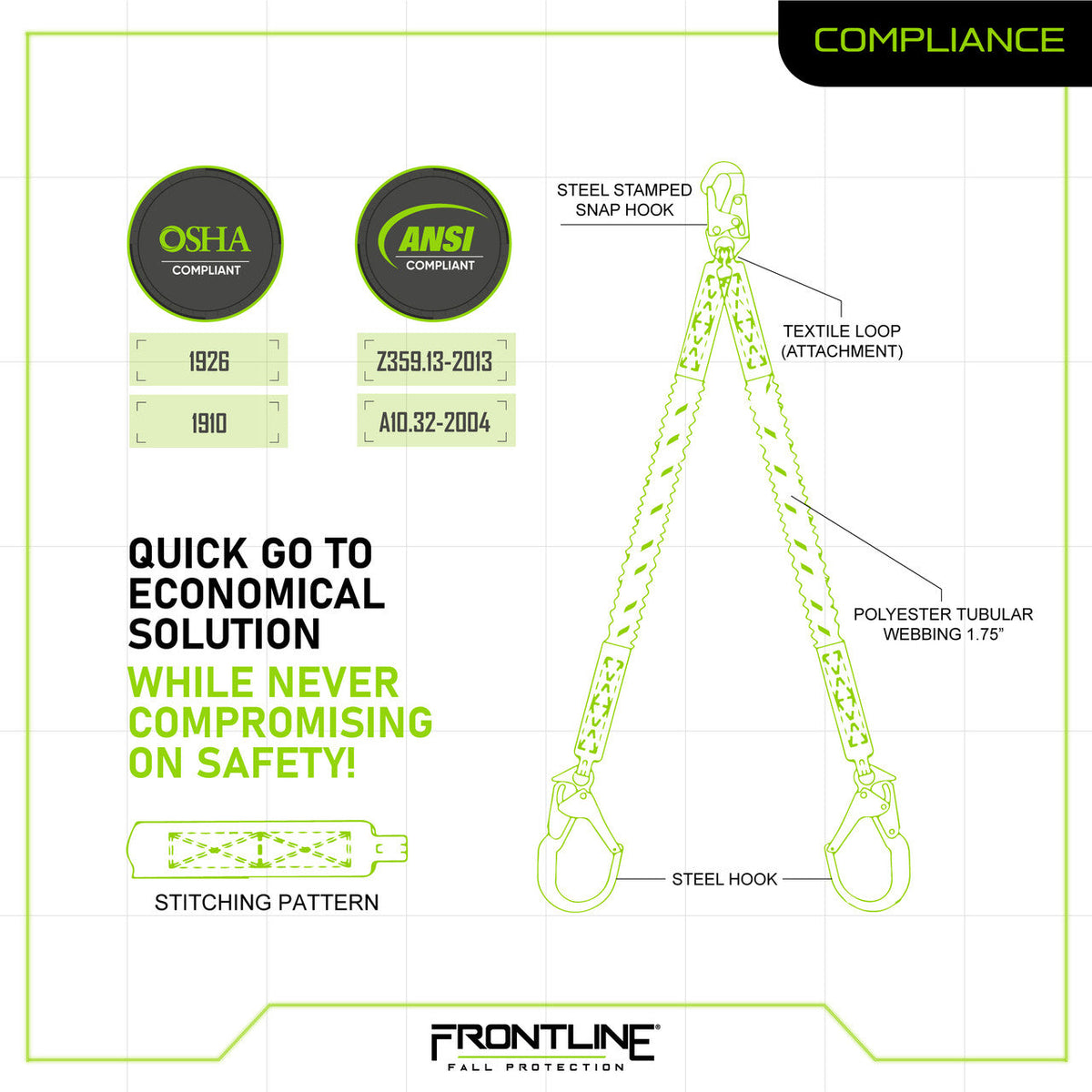 Frontline K100-62R Combat™ Compliance Kit - Harness, 6' Double Rebar Hook Leg Lanyard and Drawstring Bag