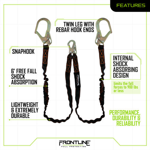 Frontline LIS62R Combat™ Twin Leg 6' Rebar Hook Lanyard with Internal Shock Absorber