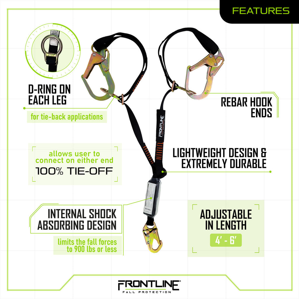 Frontline LPO62RADJ Combat™ 6' Tie-Back Double Leg Shock Absorbing Lanyard with Rebar Hooks
