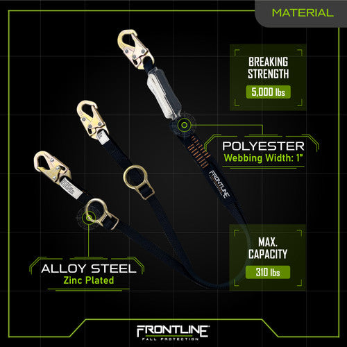 Frontline LPO62SADJ Combat™ 6' Tie-Back Double Leg  Shock Absorbing Lanyard with Snaphooks