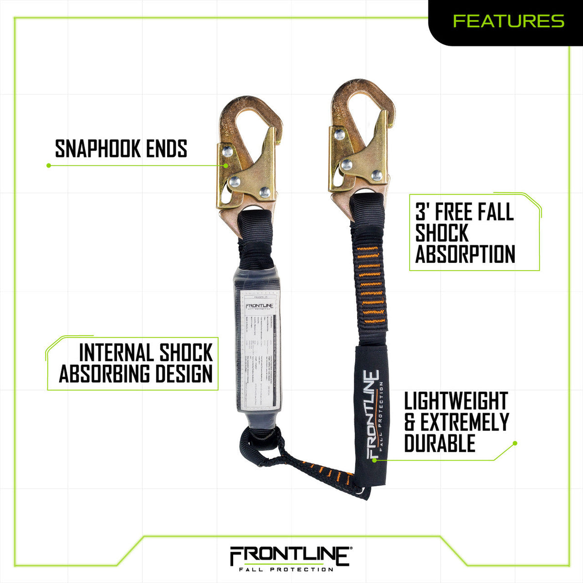 Frontline LIS31S Combat™ 3' Single Leg Snaphook Lanyard with Internal Shock Absorber