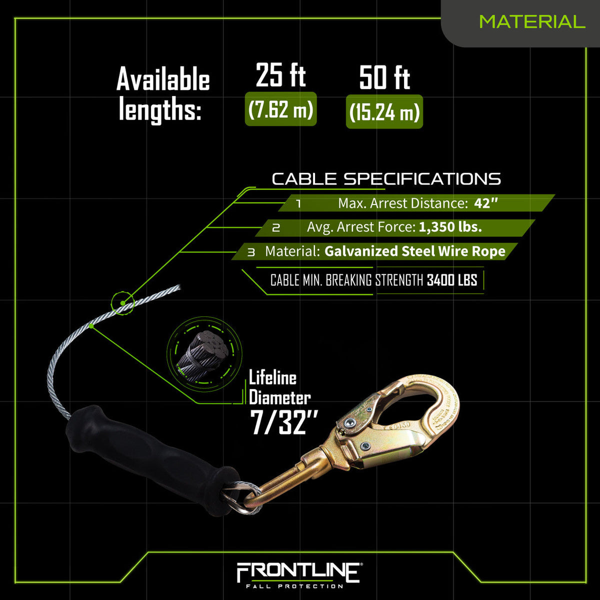 Frontline RPGLE Leading Edge Cable Single Leg SRL with Steel Snap Hook End