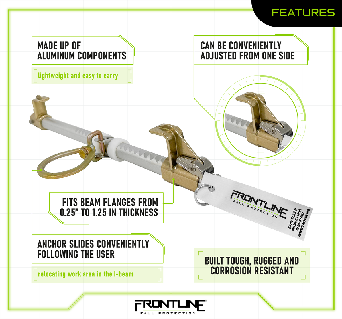 Frontline ST14SA Easy Slider Beam Walker Anchor for 3.5″ - 14″ Wide I-Beams