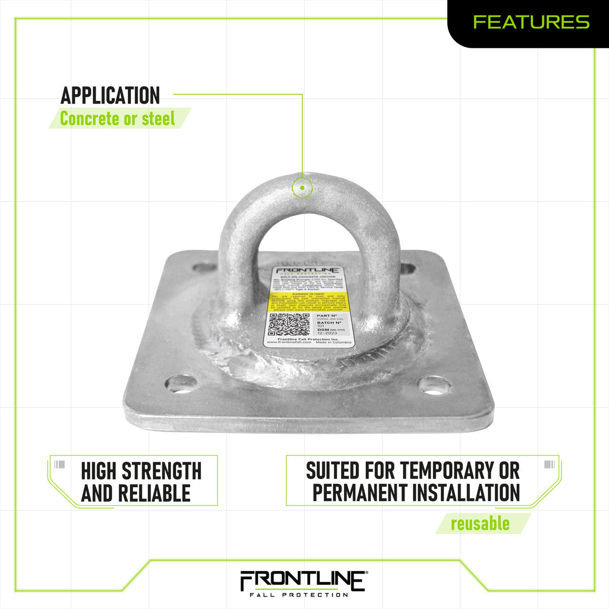 Frontline COP02-10K-CAL Concrete and Steel 10k Lbs HDG Reusable Anchor Plate - CAL-OSHA