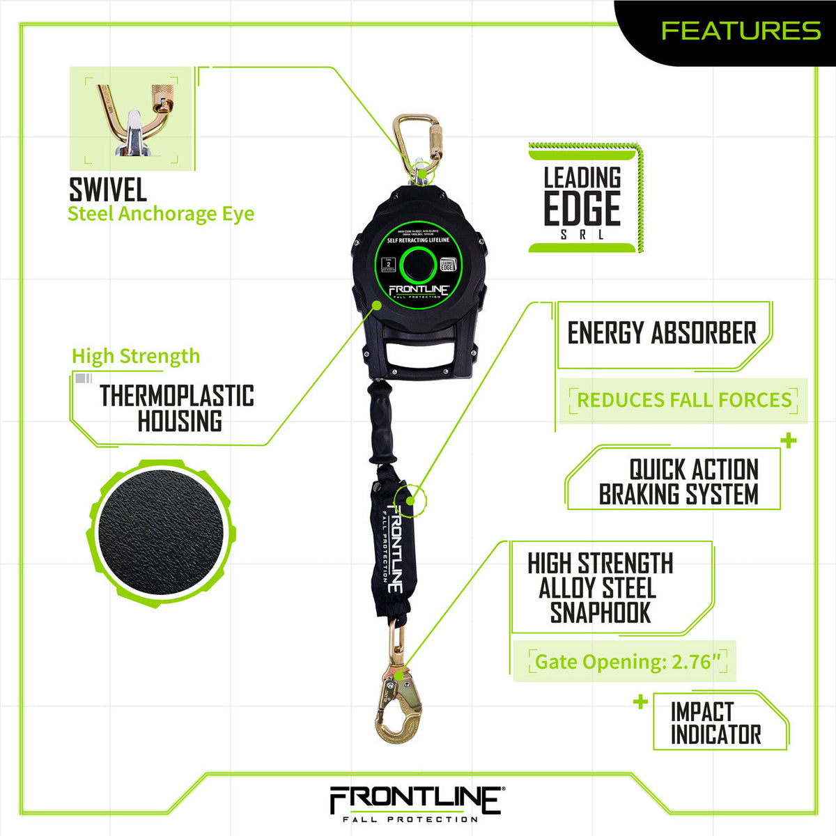 Frontline RPGCLE Leading Edge Cable Single Leg SRL with Steel Snap Hook End with Carry on Handle and Tagline