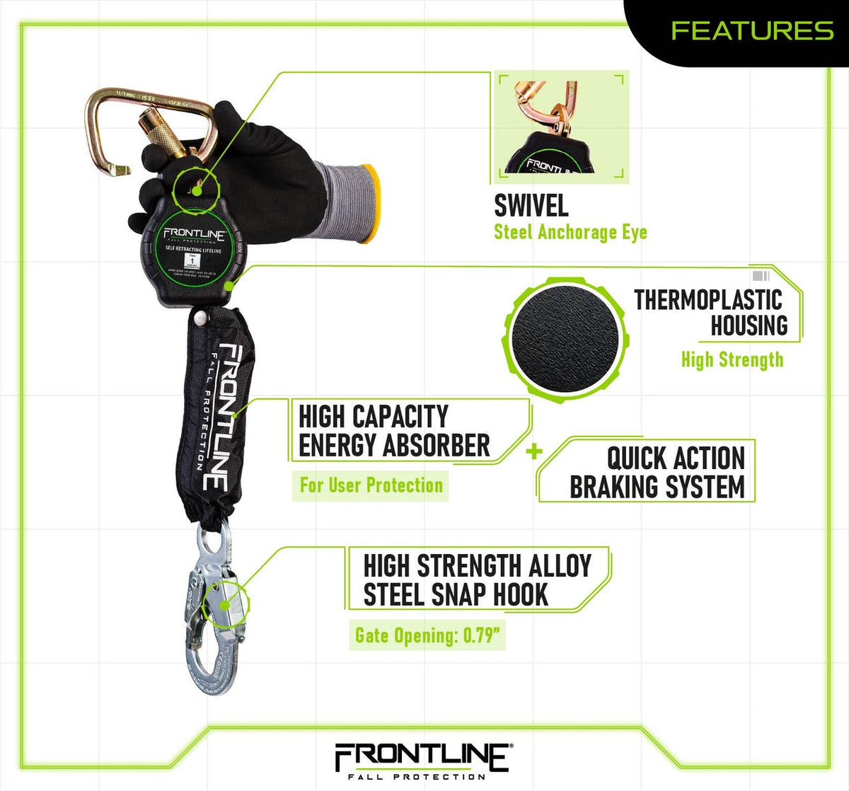 Frontline RPAS Aramid Fiber Web Single Leg SRL with Steel Snap Hook End