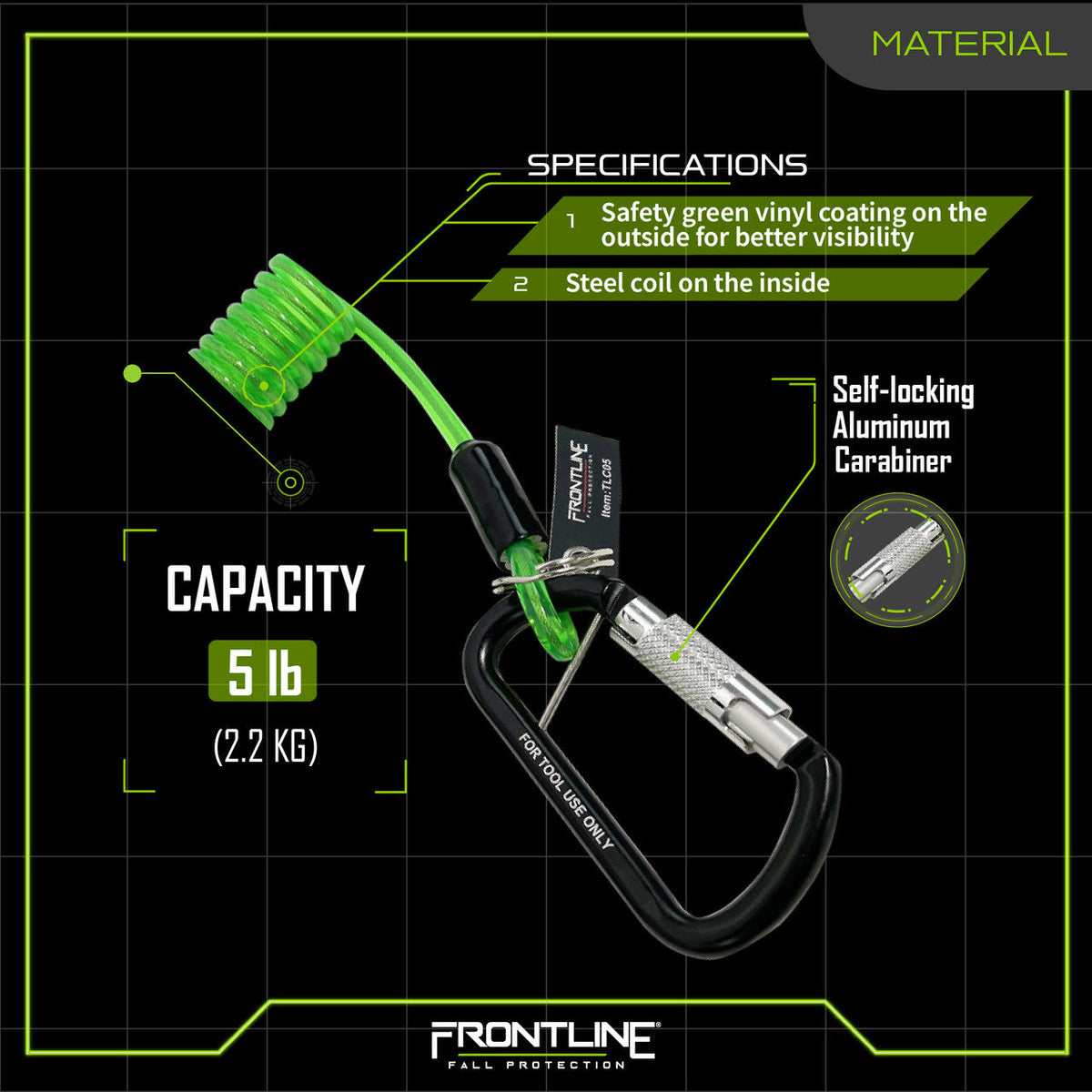 Frontline TLC05 ToolGrip™ Coil Tool Tether 5 lbs with Double Self-locking Aluminum Carabiner